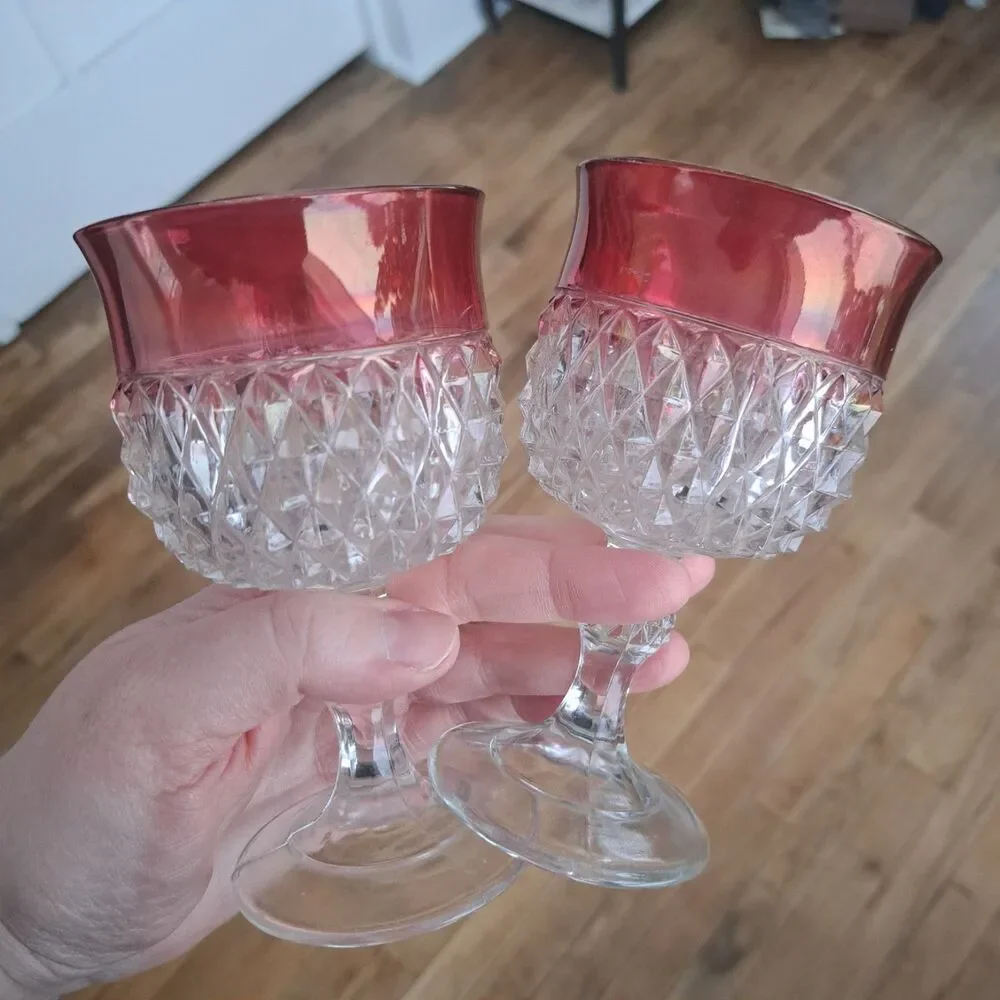 Vintage Set Of 2 Diamond Point Ruby Pink Water Wine Crystal Goblet Indiana Glass